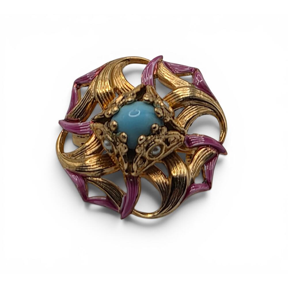 Vintage Pink Enamel Turquoise Cabochon Brooch Gold Tone Mid Century Pin